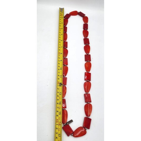 Long Handmade Titto Red Carnelian Colored Bead Slab Silver Station Necklace Fall - Picture 9 of 9
